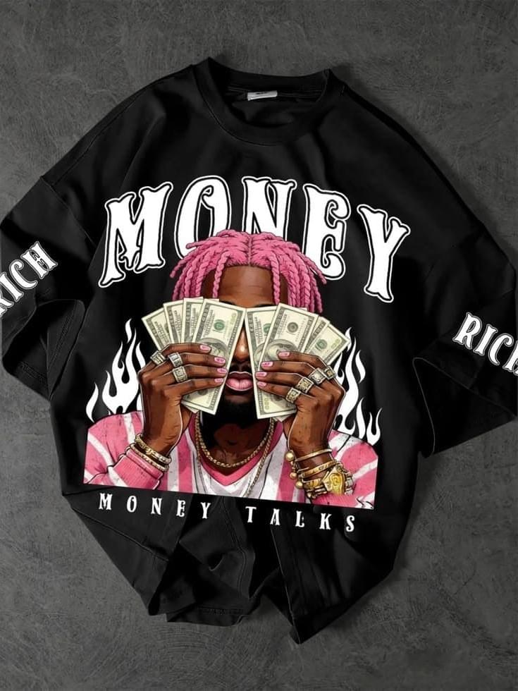 Oversized "Money Talks" Hip-Hop Graphic T-Shirt - Black