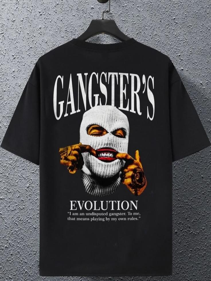 Oversized "Gangster's Evolution" Back-Print Graphic T-Shirt - Black